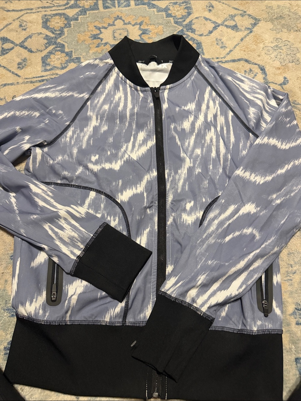 Women’s Grey and White Pattern Bomber Jacket with Black Trim